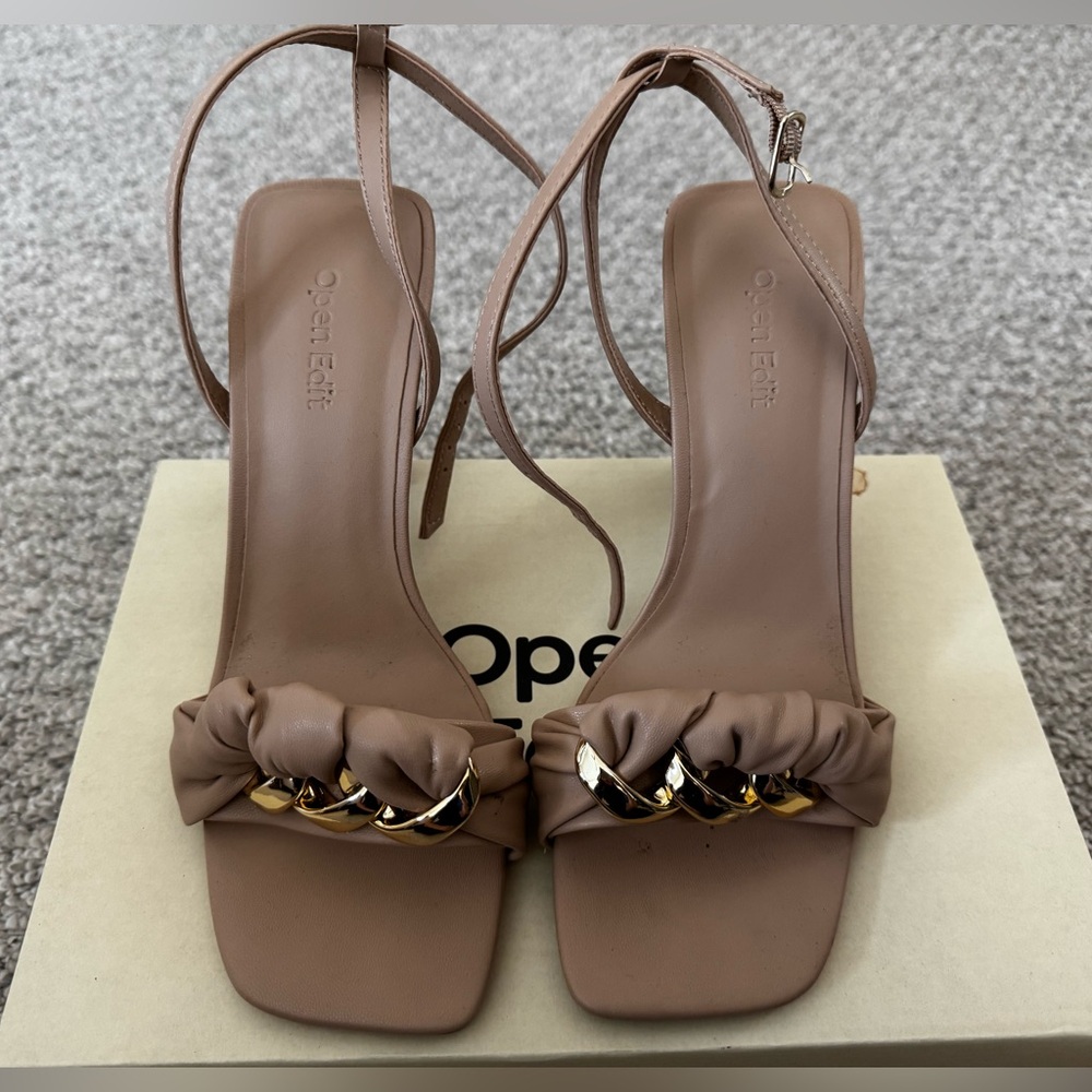 Open edit nude mid heeled sandals